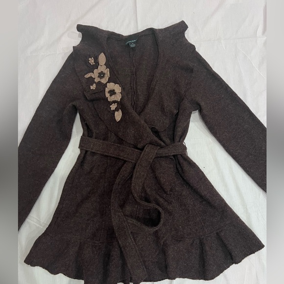 100% wool Cynthia Rowley Womens Ruffle Tie Waist Wool cardigan - Picture 2 of 4